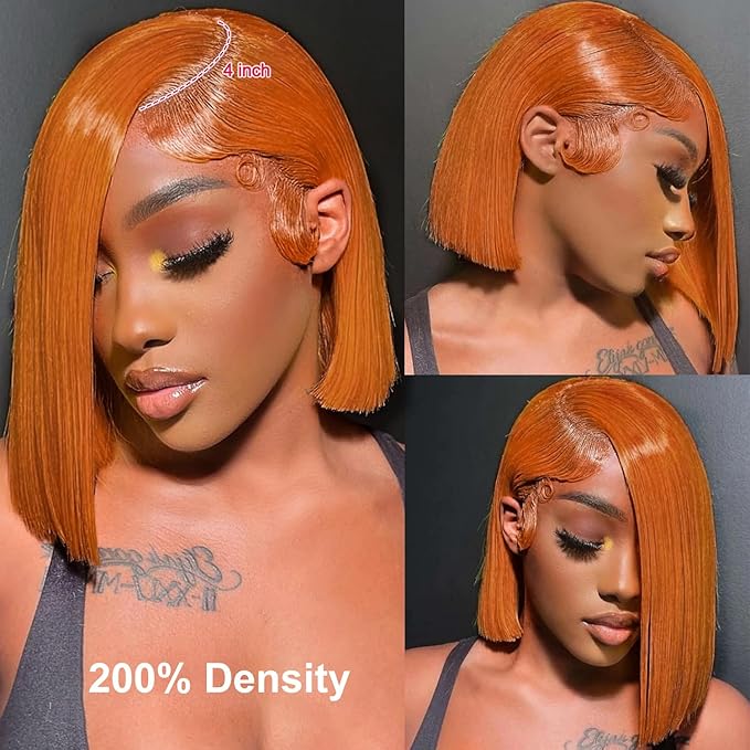 Ginger Orange Bob wig Human Hair 350# Colored Bob Wig 13x4 HD Transparent Lace Frontal Wigs Human Hair Straight Short Bob Wigs for Black Women (16inch, Ginger Bob Wig)