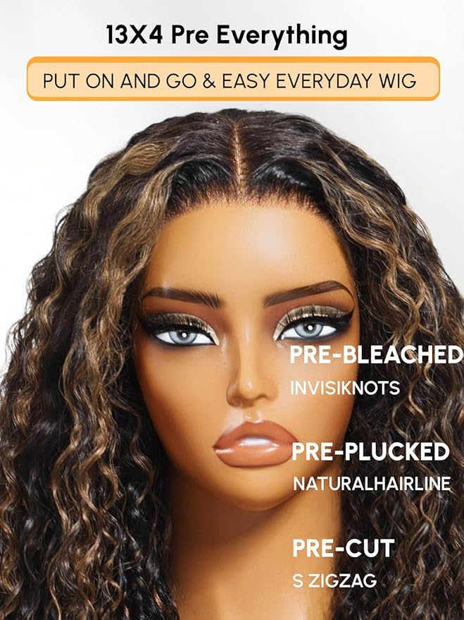 Julia Hair Golden Brown Highlight Water Wave and Jerry Curly Wig Mixed Curls 13X4 Lace Front Pre Everything Wigs Glueless Human Hair Lace Frontal with Invisi Drawstring Ready to Go 18 Inch