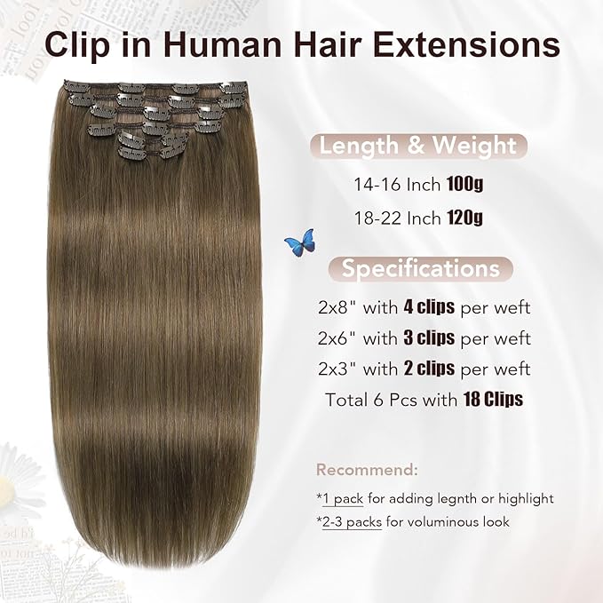 XDhair Clip in Hair Extensions 100g 14Inch Ash Brown Clip in Human Hair Extensions Straight Clip In Real Hair Extension for Women (#8,14Inch)