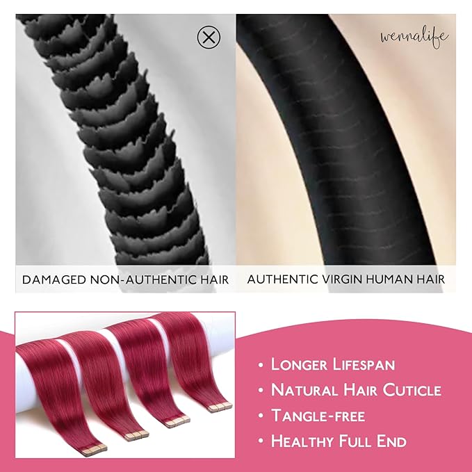 WENNALIFE Tape in Hair Extensions Human Hair Burgundy Red Tape in Extensions, 10pcs 25g 14 inch Remy Invisible Tape Ins Straight Colored Soft Real Human Hair Tape in Extensions Refill Set Extensions