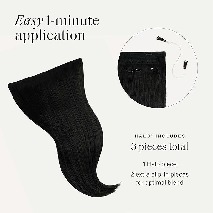 Luxy 100% Remy Human Hair – Halo Clip-In Hair Extensions –Natural Looking Volume & Length - One-Piece - Easy 5-Min Application 180 grams 20" Off Black Halo