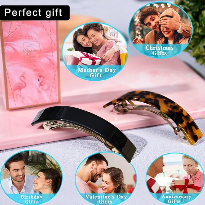 Eyegla Hair Barrettes for Women Large French Barrette Hair Clips Tortoise Shell Barrettes for Thick Hair,2 Pack