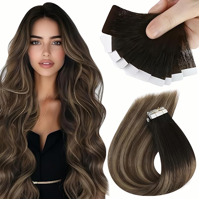 Sunny Hair Tape in Hair Extensions Real Human Hair Invisible Remy Hair Extensions Tape ins for Women Natural Black Ombre Dark Brown Balayage Ash Blonde 18 inch 25G