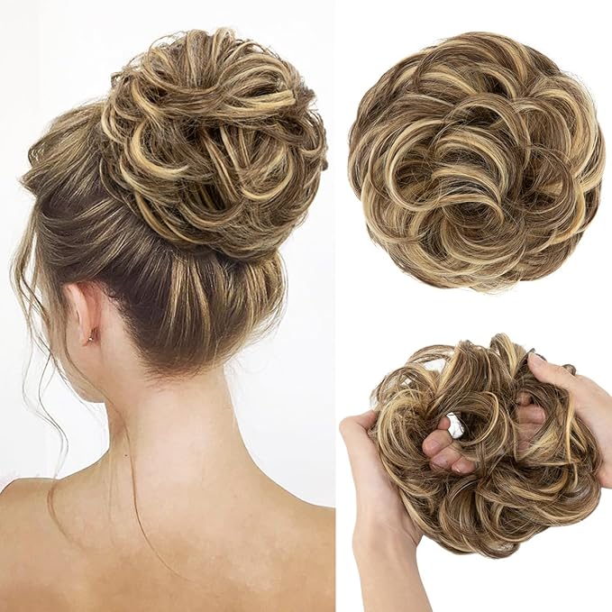 CJL HAIR Large Messy Bun Hair Piece Wavy Curly Scrunchies Synthetic Chignon Ponytail Hair Extensions Thick Updo Hairpieces for Women Bernstein Multi