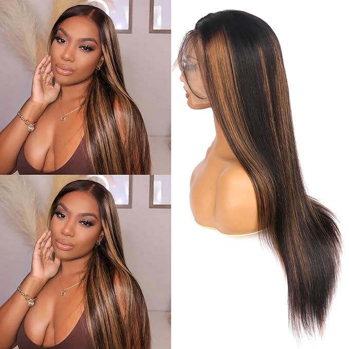 Highlight Ombre Lace Front Wig Human Hair Straight Wigs Human Hair 1B/30 Brown Highlight 13x4 Lace Front Wigs human hair Pre Plucked 200% Density Colored 26 Inch Balayage Glueless Wigs for Women