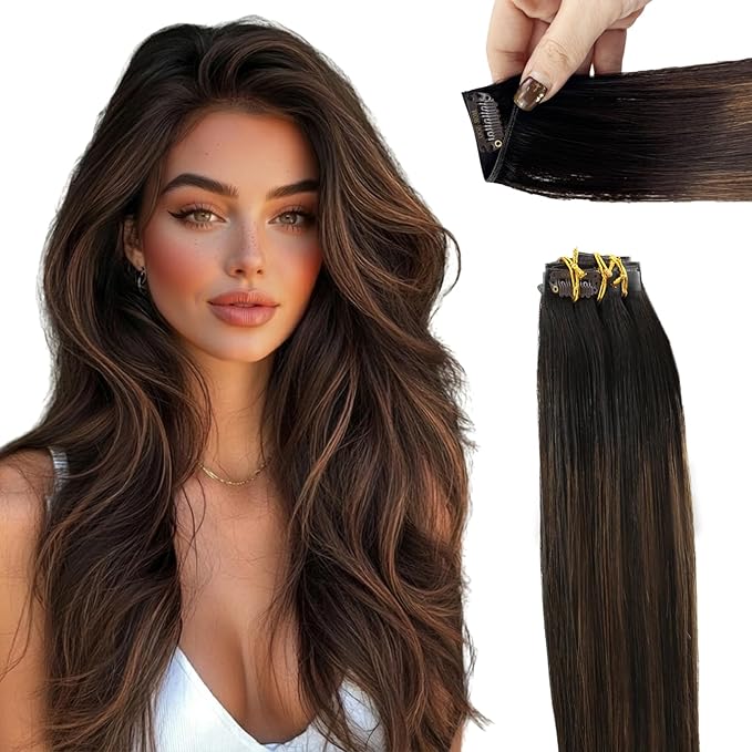 Moresoo Genius Weft Clip in Hair Extensions Human Hair 24 inch for Long Thick Hair Extensions Clip ins Balayage Dark Brown to Chestnut Brown Seamless Pu Weft for Women Daily Use 150g 7 Pieces
