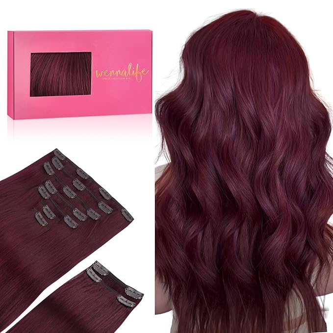 WENNALIFE Clip in Hair Extensions, 150g 16 Inch 9pcs Light Burgundy Remy Hair Thicker Double Weft Extensiones De Cabello Humano Con Clip Ins Straight Full Volume