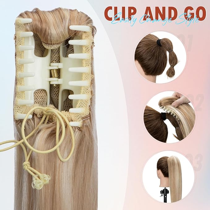 Hairro Claw Clip Ponytail Human Hair Extensions Jaw On Ponytails Remy Long Straight Jaw/Claw Clips Pony Tail Hairpieces For Women 20 Inch 120g #18P613 Ash Blonde Mix Bleach Blonde