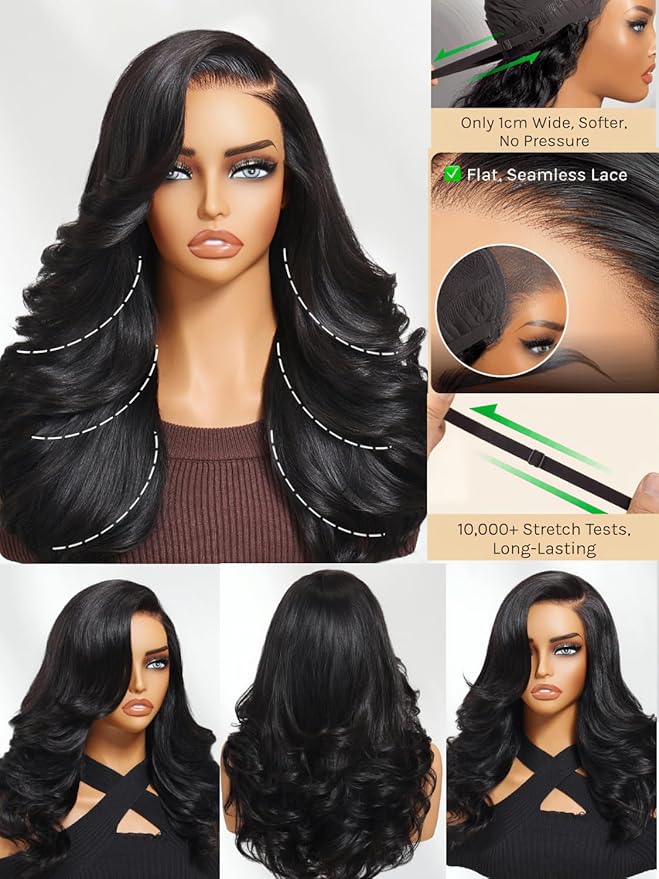 Julia Hair Bye Bye Slip Wig Feathered Layer Side Part Human Hair Wig 200% Density 7X5 Pre Cut Lace Closure Loose Body Wave Wigs Pre Everything Glueless with Secure Silicone Strips Drawstring 20 Inch