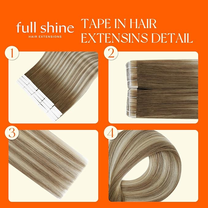 Full Shine Invisible Tape in Hair Extensions Color Dark Brown 3 Fading to 8 and 22 Blonde Machine Remy Seamless Tape in Hair Extension Double Sided Skin Weft 18 Inch for Party 50G 20 Pcs