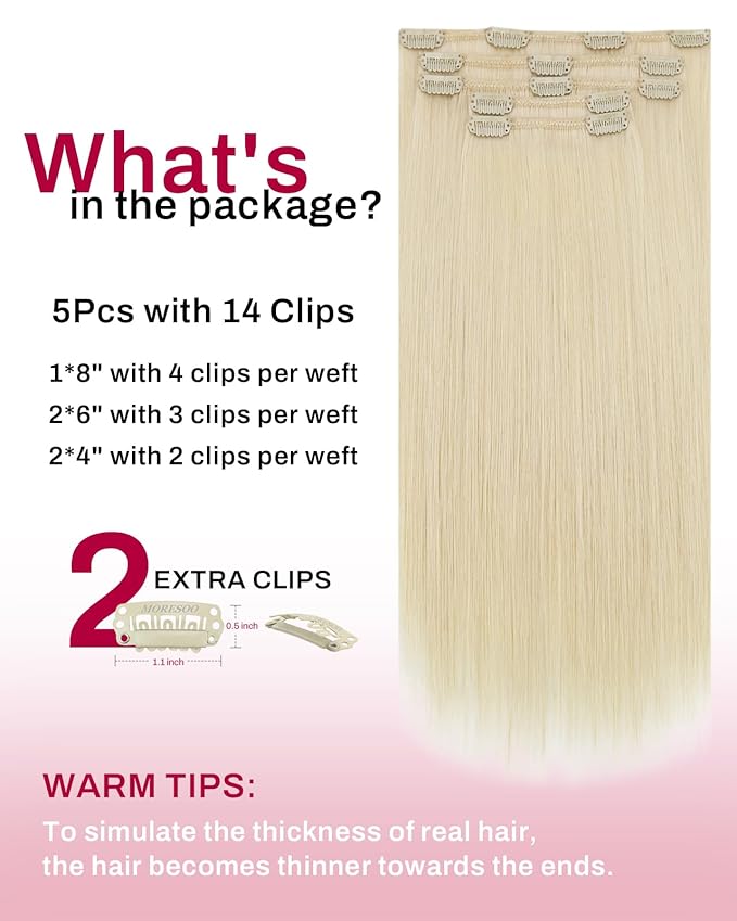 Moresoo Blonde Clip in Hair Extensions Human Hair Blonde Hair Extensions Clip ins Short Real Human Hair for Women Golden Platinum Blond Double Weft 80g/5pcs 14 inch