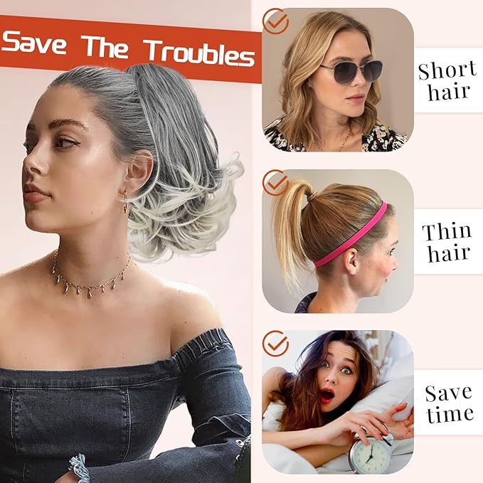 KooKaStyle Ponytail Extension, 10" Short Claw Clip in Pony Tails Hair Extensions Curly Wavy Synthetic Drawstring Hairpieces for Women(Gray and White Tips)