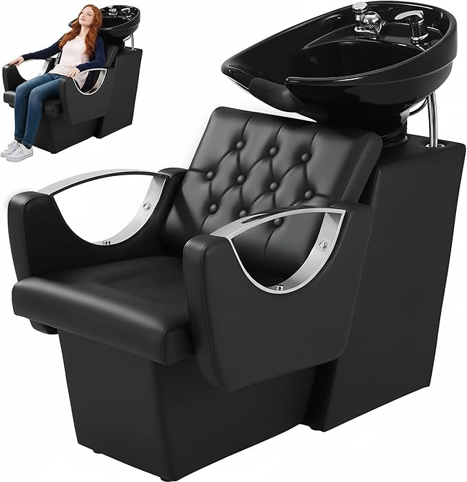 Shampoo Bowl Chair for Salon, Backwash Station Shampoo Sink with Tilting Ceramic Bowl Professional Salon Beauty Spa Barbershop Equipment