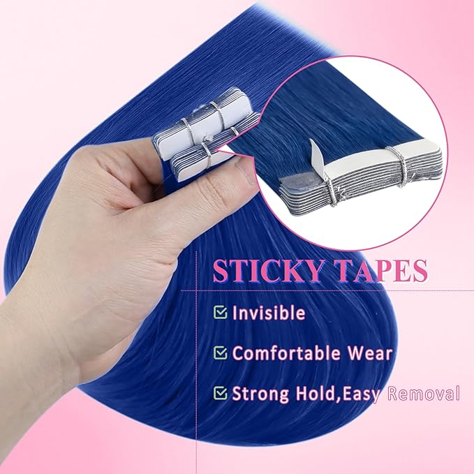 YoungSee Tape in Hair Extensions Real Human Hair Blue Invisible Tape in Human Hair Extensions Blue 18 Inch Seamless Tapes Hair-Extensions Colored 10pcs 25g Prom Night Hair Extension