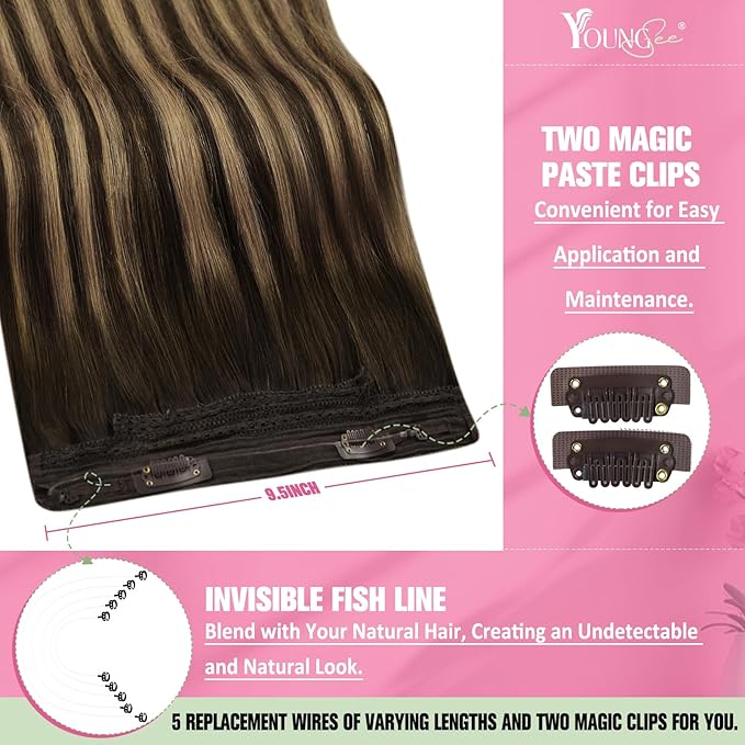 YoungSee Wire Human Hair Extensions Balayage Hair Extensions Wire Brown Fish Line Hair Extension Real Human Hair Balayage Chocolate Brown Mix Caramel Blonde Long Straight Hair 20In 100G