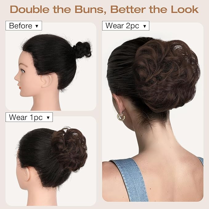 Messy Bun Hair Piece Wavy Curly Scrunchies Fluffy Donut Thick Updo Elegant Chignon Hairpieces for Women Girls, Dark Brown 1.4oz