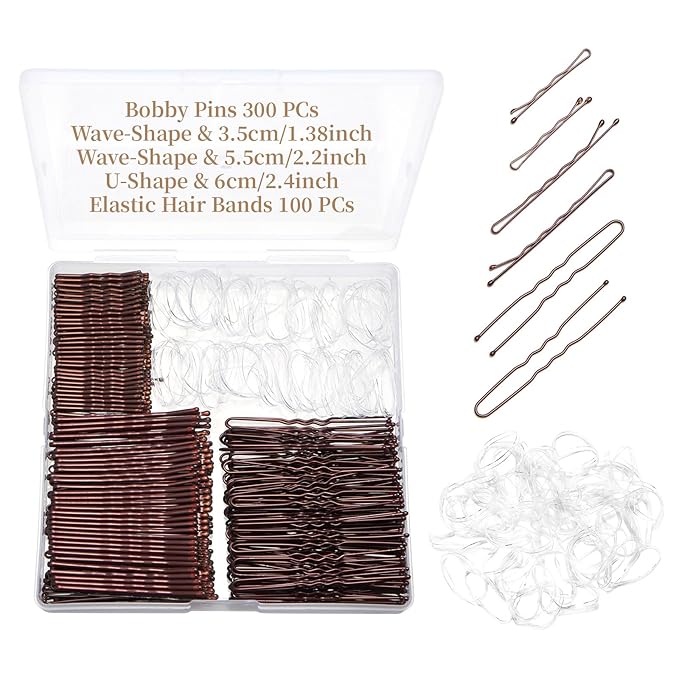 300 Pcs Brown Wave-Shaped, U-Shaped Bobby Pins and 100 Pcs Elastic Hair Bands Mix Metal Hair Pins Hair Accessories for Women Stylists Hair Sticks Girl