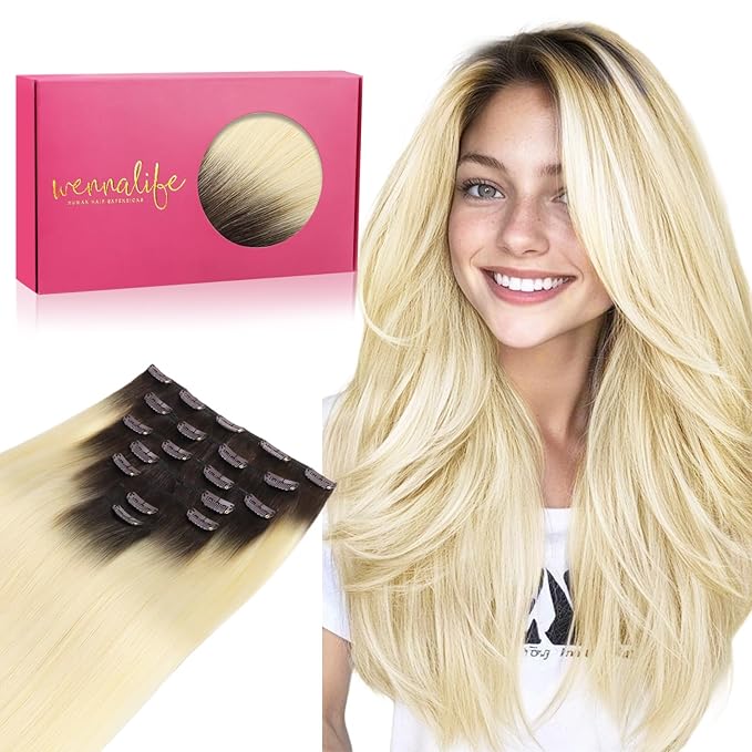 WENNALIFE Clip in Hair Extensions, 22 Inch 120g 7pcs Clip in Hair Extensions Real Human Hair, Ombre Light Dark Brown to Platinum Blonde Remy Hair
