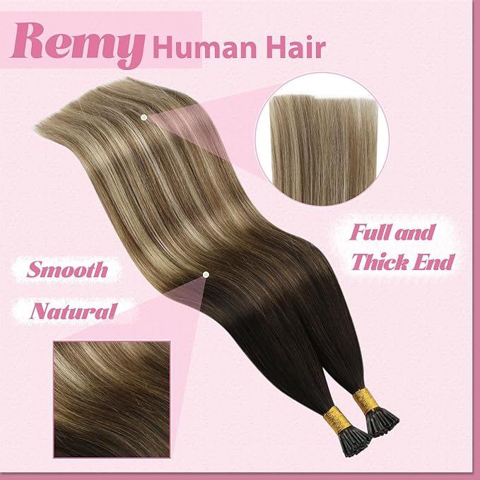 YoungSee Hair Extensions Itip Brown Balayage Human Hair Extensions I Tip 20In Brown Ombre Medium Brown with Blonde Itips Hair Extension Real Human Hair I Tip Remy Hair Extension 50s 50g