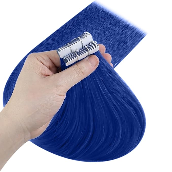 YoungSee Tape in Hair Extensions Real Human Hair Blue Invisible Tape in Human Hair Extensions Blue 14 Inch Seamless Tapes Hair-Extensions Colored 10pcs 25g Prom Night Hair Extension