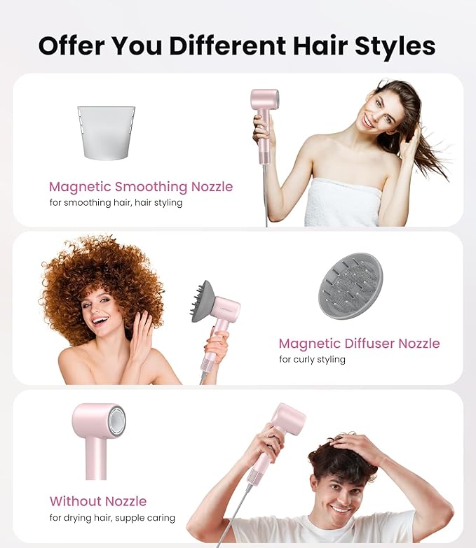 Hair Dryer,150000 RPM Blow Dryer with 500M Negative Ions, Lightweight Ionic Travel Hair Dryer with Magnetic Diffuser & Nozzle for Fast Drying, Low Noise Brushless Motor for Salon & Home Use,Pink