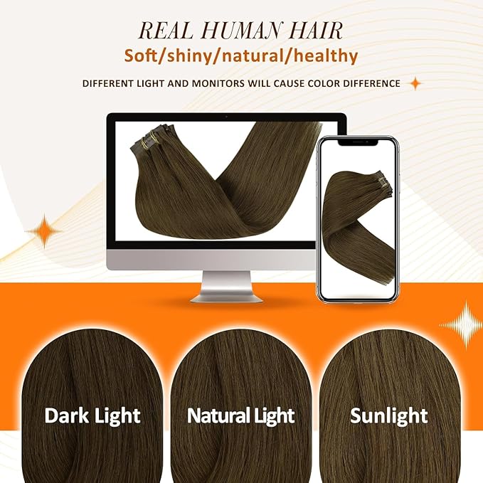 Full Shine Real Hair Extensions Clip in Human Hair Brown Seamless Hair Extensions Clip in Natural Brown Straight PU Weft for Short Hair 12 Inch 95 Grams 8 PCS