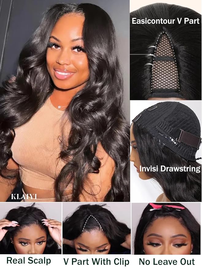 KLAIYI EasiContour V Part Wig Human Hair Body Wave Glueless Upgrade U Part Wig No Leave Out No Gel Clip in Half Wig V Shape Pull and Go Beginner Friendly Ready to Wear Natural Black Color 150% 22Inch
