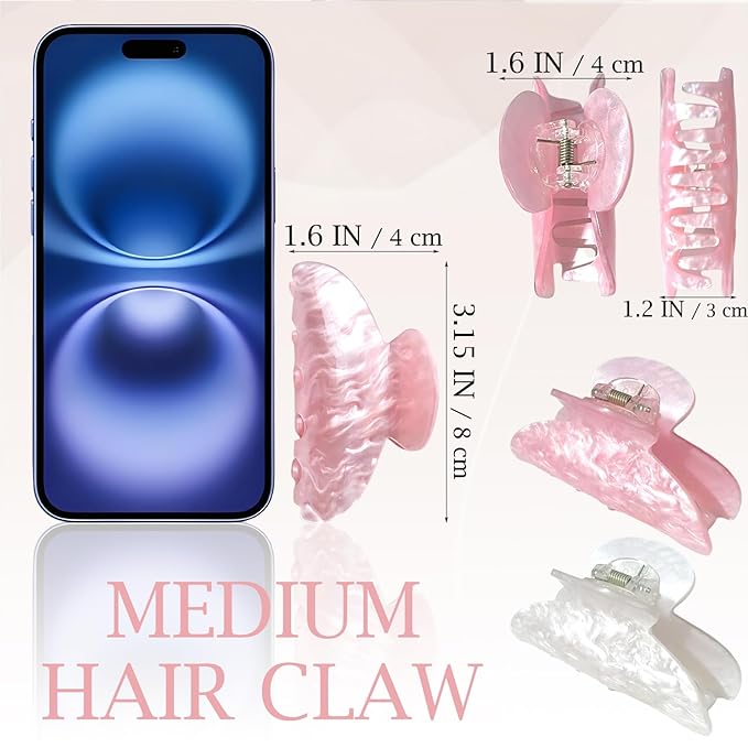 2 PCS Chic Resin Hair Claw Clips, Medium Sector Hair Barrettes for Thin Hair Half-Styles, Fashionable Non-Slip Hair Jaw Clamps, Pink and White