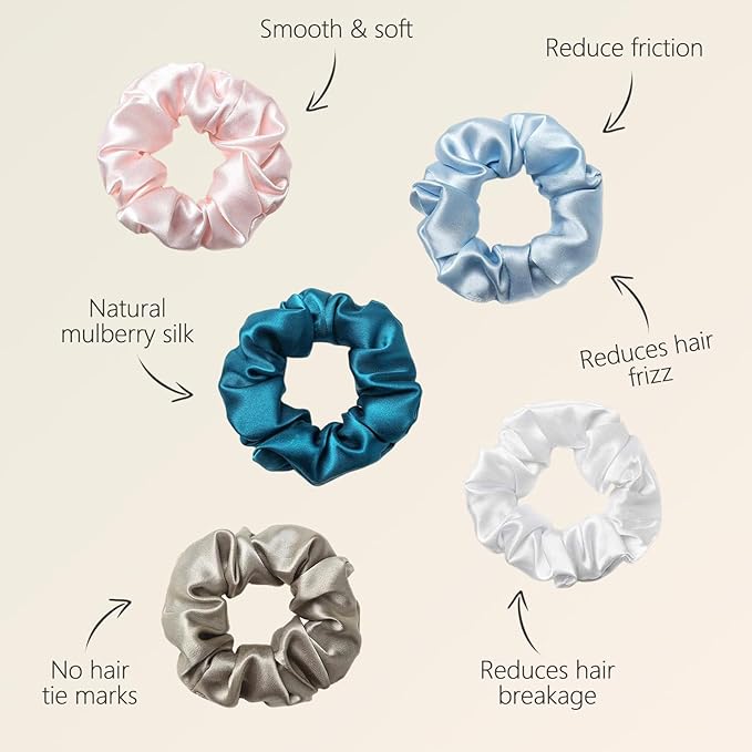 ZIMASILK 100% Mulberry Silk Hair Scrunchies – 19 Momme Elastic Silk Hair Ties for Women & Girls, Gentle No-Tug (5 Pack, Light Blue, Pink, White, Taupe, Peacock Blue)