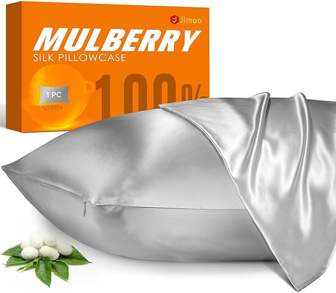 100% Mulberry Silk Pillowcase for Hair and Skin, 22 Momme Pure Natural Silk Pillow Case Both Sided with Zipper, Pillow Cover for Women Mom Men (Silver Grey, King 20''×36'', 2 Pack)