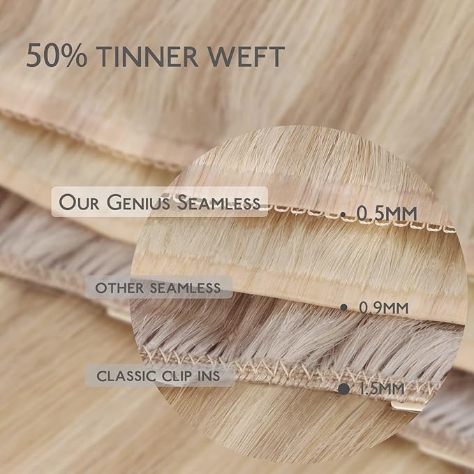 WENNALIFE Lace Seamless Clip in Hair Extensions Human Hair 7pcs Ultra Invisible 50% Thinner Seamless Clip Ins Dirty Blonde Highlighted Bleach Blonde Natural Remy Hair 14 inch