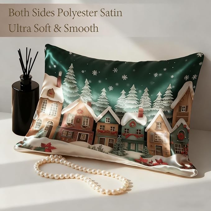 Xmas Colorful Snowy Houses Satin Pillowcase with Zipper for Hair and Skin Red Floral 1 Pack Soft Silk Pillow Case Standard Size Wrinkle-Free Smooth and Cooling Satin Pillow Cover 20”x26”