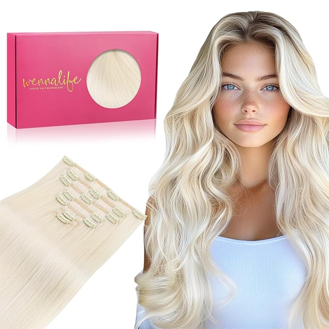 WENNALIFE Clip in Hair Extensions, 14 Inch 120g 7pcs Real Human Hair, White Blonde Remy Hair Extensions Clip Ins Double Weft