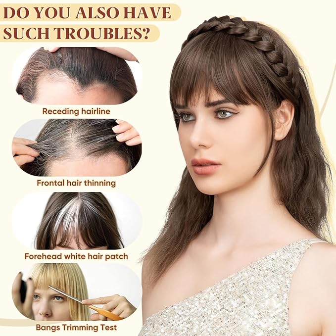 SARLA Braided Headband with 3 Detachable Clip in Bangs Fringe Hairpieces Fake Synthetic Hair Band Bangs for Women Ash Grey