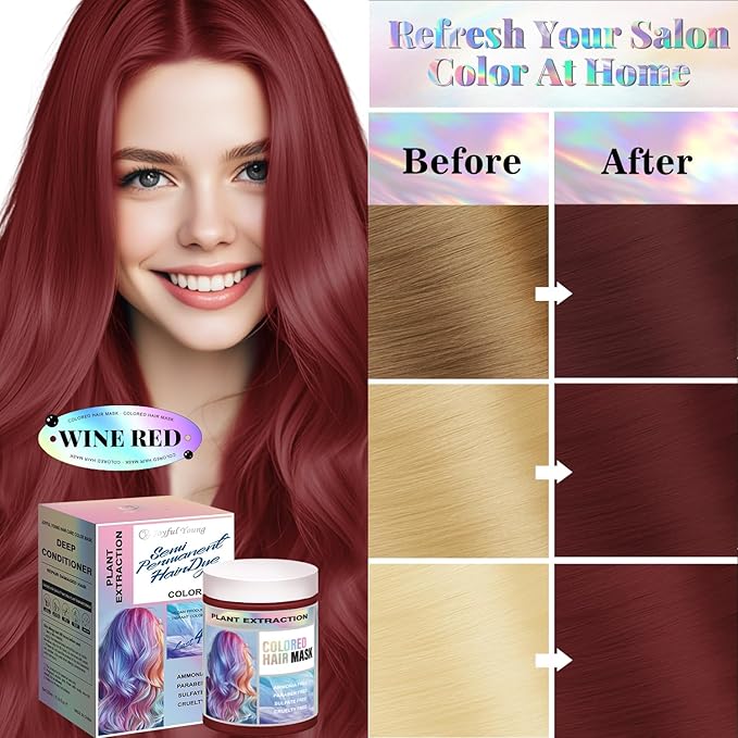 Vegan Semi Permanent Hair Color Mask - 10.15OZ Color Depositing Conditioner for Color-Treated Hair - Ammonia, Paraben, Sulfate & Cruelty-Free - Plant-Based Enhances Tones Hair (WINE RED)