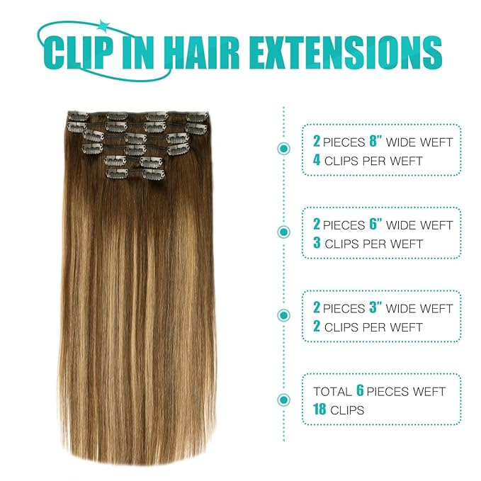 SURNEL Clip in Hair Extensions Real Human Hair Chocolate Brown to Caramel Blonde Clip in Hair Extensions 20inch 120g(20, #4/27/4)