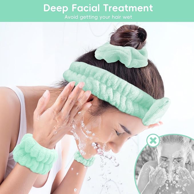 Facial Cleansing Brush, Spa Headband for Washing Face, Skincare Headband and Wristband Set, 2-in-1 Skin Care face Brush, Come with a Hair Scrunchie, for Massaging Makeup Skincare-Blue