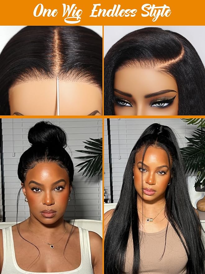 Julia Hair No Slip Yaki Straight 7x5 Lace Closure Glueless Drawstring Wig Flexible Mesh Cap Bye-Bye Slip Pre Cut HD Lace Front Pre Everything Bleached Knots Wear and Go Wig,Zero Slip Hold 24 Inch