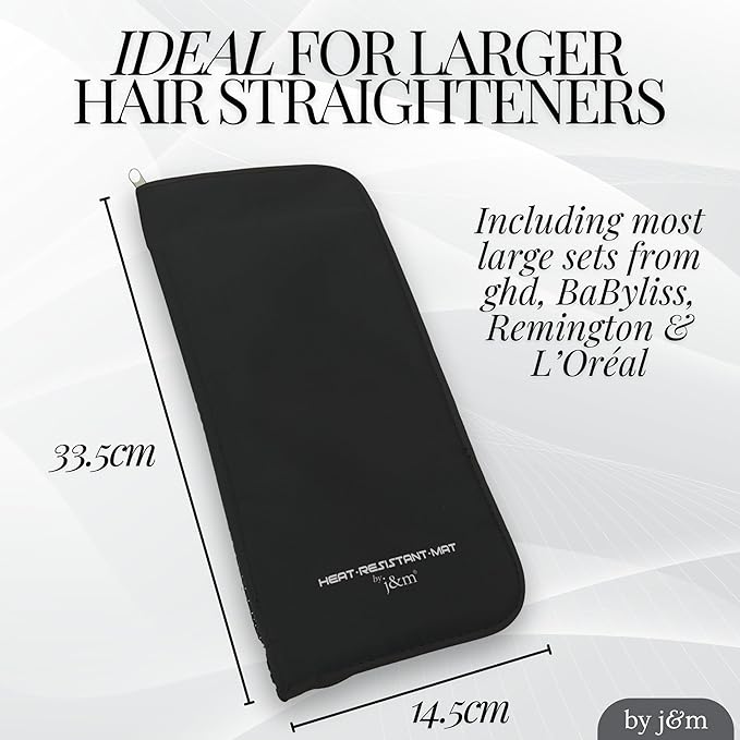 Hair Straightener Mat & Pouch by j&m - Heat Resistant - Fits ghd, BaByliss & Larger Flat Irons - Zip-Up All-in-One Compact Travel Case