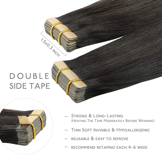WENNALIFE Tape in Hair Extensions Human Hair, 20pcs 50g 20 inch Natural Black Remy Hair Extensions Straight Human Hair Tape in Extensions Skin Weft Tape Extensions Human Hair