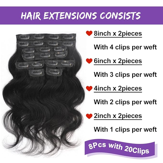 Body Wave Brazilian Clip in Hair Extensions Human Hair 8Pcs Remy Hair Extensions Clip ins for Black Women with 20 Clips 110g (18 Inch, Natural Black)