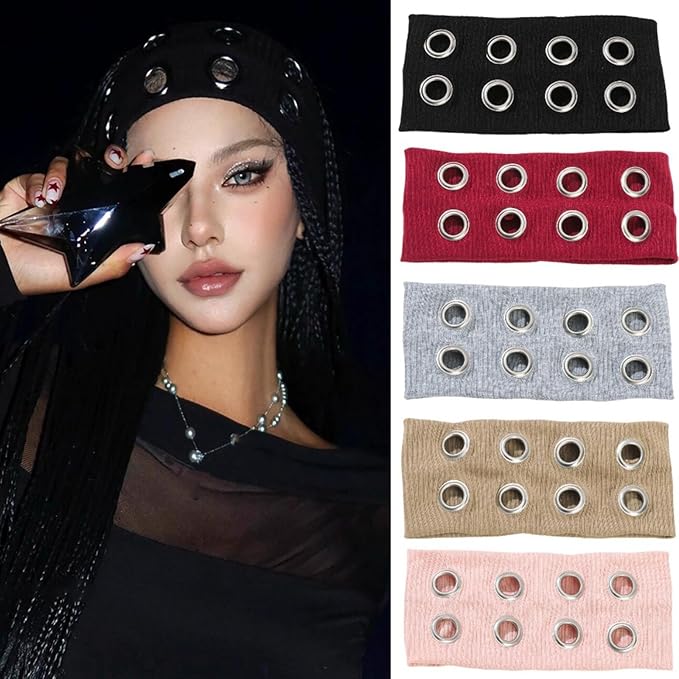 papasgix Grommet Headband for Women, Y2K Elastic Headband Wide Black Hair Band with Holes Metal Rock Style 2000s Hair Accessories (1, Wine Red)
