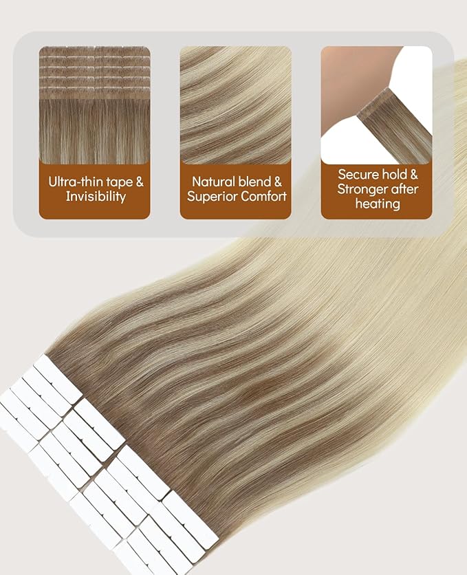 VINBAO Invisi Edge Tape in Extensions Human Hair 60g 20pcs Balayage Ombre Brown to Blonde Seamless Pro Quality Injection Extensions Human Hair Tape Ins 22inch #8T60