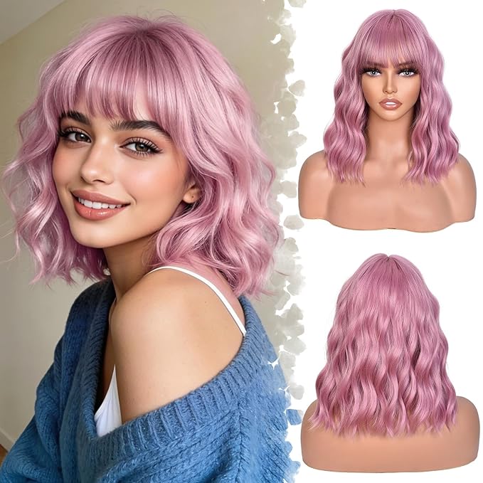 Pink Wig With Bangs Wave Bob Wigs for Women 14 Inch Short Loose Wavy Heat Resistant Synthetic Wig Shoulder Length Hair for Daily and Cospaly Party Use