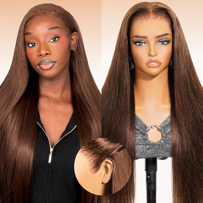 Arabella 13x6 Chocolate Brown Glueless Wigs Human Hair Pre Plucked Pre Cut 13x6 Ear to Ear Full HD Lace Front Wigs Human Hair 210% Density 4# Brown Straight Wig Drawstring Wig Human Hair 30 Inch