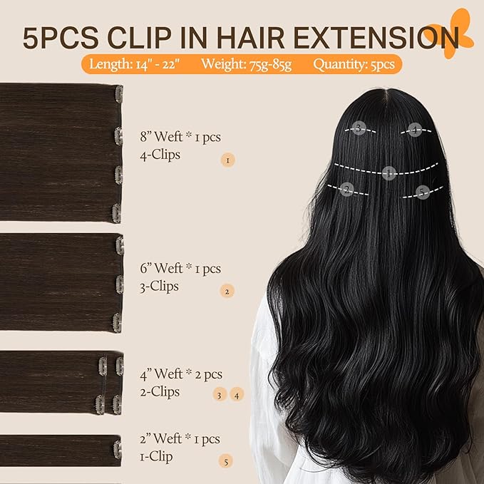 DOORES Hair Extensions Clip in Human Hair, 75g 5pcs Light Dark Brown 16 Inch Real Clip in Human Hair Extensions Remy Natural Hair Extensions Straight