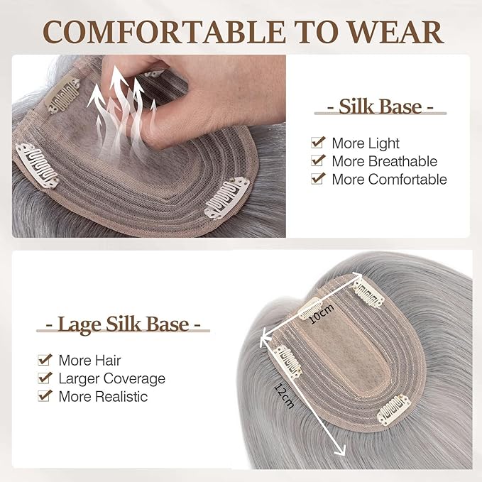 Rich Choices Hair Toppers for Women Real Human Hair 100% Human Remy Toppers NO Bangs for Women with Thinning on Top Clip in Hairpiece 4"x4.7"Lace Base 16 Inch Gray