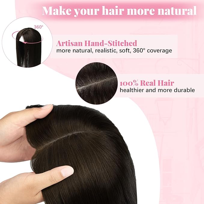 Toppers for Women Real Human Hair 6x7inch Large Base 360° Cover 12inch Hairpieces for Women with Thinning Hair Dark Brown Add Hair Volume (#2Toppers-12inch)