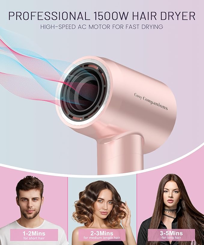 Cosy Companions Hair Dryer - 150000 RPM High-Speed Brushless Motor Negative Ionic Blow Dryer for Fast Drying, Low Noise Thermo-Control Hair Dryer with Diffuser and Nozzle, Gleaming Pink