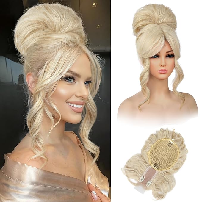 REECHO Messy Bun Hair Piece with Bangs – 2-in-1 Drawstring Ponytail Extension Updo Wig & Hair Topper with Long Side Bangs, Natural-Looking Hair Bun Hairpieces for Women - Natural Blonde